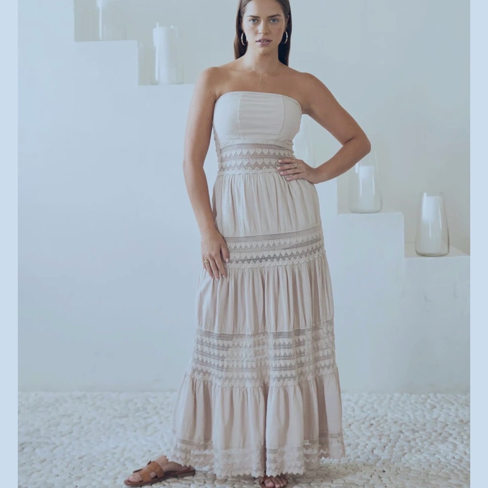 ZURI Strapless Lace-Trim Maxi Dress in Cream/Khaki